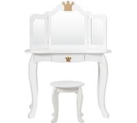 CostwayCoiffeuse pour Enfants avec Miroir à Trois Volets Dessus amovible Tabouret Inclus Blanc