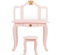CostwayCoiffeuse pour Enfants avec Miroir à Trois Volets Dessus amovible Tabouret Inclus Rose