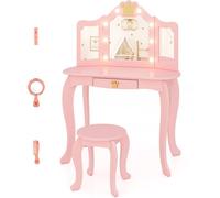 CostwayCoiffeuse pour Enfants avec Miroir Eclairé Ensemble de Table et Tabouret Miroir Pliable en 3 Parties Luminosité Réglable pour 3-7 Ans Rose