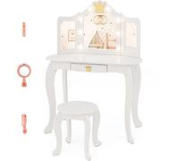 CostwayCoiffeuse pour Enfants avec Miroir Eclairé Ensemble de Table et Tabouret Miroir Pliable en 3 Parties Luminosité Réglable pour 3-7 Ans Blanc