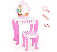 CostwayCoiffeuse pour Enfants avec Miroir et Tabouret en Bois Style Princesse Cadeau pour Filles Rose
