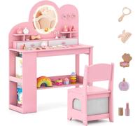 CostwayCoiffeuse Princesse pour Enfants avec Lumières avec 2 Tiroirs Bibliothèque à 2 Niveaux 3 Crochets et 2 Étagères Ouvertes pour 3+ Ans Rose