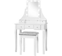 CostwayCoiffeuse Table de Maquillage avec 10 Ampoules LED avec 5 Tiroirs et Boîtes de Rangement Amovibles Blanc