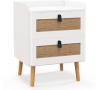 CostwayCommode 2 Tiroirs Table de Chevet avec Pieds en Bois Massif Poignée Noir Design Tiroir en Rotin Bohème Petite Commode Scandinave Blanc