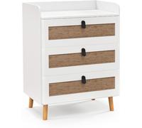 CostwayCommode 3 Tiroirs Commode Chambre Adulte Pieds en Bois Massif Poignée Noir Design Tiroir en Rotin Bohème Petite Commode Scandinave Blanc