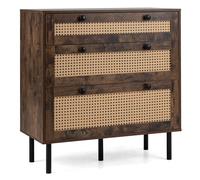 CostwayCommode 3 Tiroirs Style Bohème Cannage Rotin 75x35x77,5 cm Armoire de Rangement avec 5 Pieds en Métal et Dispositifs Anti-basculement Blanc