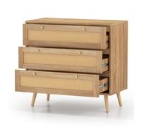 CostwayCommode en Rotin à 3 Tiroirs Table de Chevet en Bois Bohème avec 3 Grands Tiroirs et Pieds en Bois de Pin Table d'Appoint Naturel