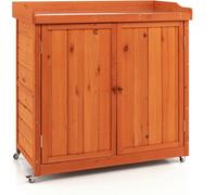 CostwayCostwy Rangement de Jardin Armoire en Bois Table de Jardinage avec Etagère Amovible 4 Roues Universelles Plateau en Acier Galvanisé