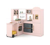 CostwayCuisine d'Angle avec Lumières et Sons Ensemble de Jeu en Bois Interactif avec Plateau Rétractable Évier Plaques de Cuisson Four 3 Ans+ Rose