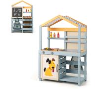 CostwayCuisine de Boue 2 en 1 en Bois Cuisine de Jeu Extérieure et Magasin d'Alimentation avec Évier Amovible Sac de Rangement et Paniers Gris