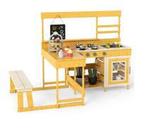 CostwayCuisine de Boue avec Table de Pique-Nique pour Enfant Cuisine en Bois de Sapin avec Banc Intégré Tableau Noir Accessoires de Dessert Naturel