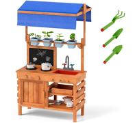 CostwayCuisine de Boue en Bois pour Jeu de Rôle avec Auvent Réglable en Hauteur Tableau Noir Tasses de Plantation Plaques de Cuisson 135x77x52cm Naturel