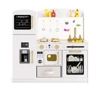CostwayCuisine de Jeu avec Tableau Noir Fabricant de Glace Évier Tiroir en Tissu et Lave-Vaisselle Cuisine en Bois avec Micro-ondes Lumineux Blanc