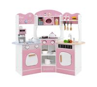 CostwayCuisine de Jeu d'Angle en Bois avec Lumières et Sons Machine à Café Micro-Ondes Four Machine à Laver pour 3+ ans Rose
