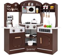 CostwayCuisine de Jeu d'Angle en Bois avec Lumières et Sons Machine à Café Micro-Ondes Four Machine à Laver pour 3+ ans Marron