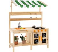 CostwayCuisine de Jeu en Bois avec Auvent Evier Amovible 4 Cuisinières Boutons Rotatifs Tableaux Noirs avec Accessoires pour 3+ Ans Naturel