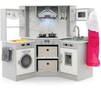 CostwayCuisine de Jeu en Bois pour Enfants Cuisine d'Angle avec Lumières et Sons Réalistes Hotte Éclairée Distributeur d'Eau Machine à Laver Gris