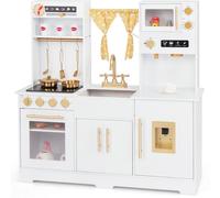 CostwayCuisine de Jeu en Bois pour Enfants de 3 Ans et Plus avec Cafetière Evier Robinet Cuisinière Distributeur d'Eau Micro-ondes Four Blanc