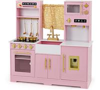 CostwayCuisine de Jeu en Bois pour Enfants de 3 Ans et Plus avec Cafetière Evier Robinet Cuisinière Distributeur d'Eau Micro-ondes Four Rose