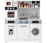 CostwayCuisine de Jeu pour 3 Ans et Plus Jouets de Cuisine en Bois avec Evier Robinet Distributeur d Eau Micro-ondes Four Ustensiles Blanc