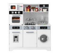 CostwayCuisine de Jeu pour 3 Ans et Plus Jouets de Cuisine en Bois avec Evier Robinet Distributeur d?Eau Micro-ondes Four Ustensiles Blanc