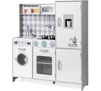 CostwayCuisine de Jeu pour Enfants de 3+ Ans Jouets en Bois Machine à Glaçons Cuisinière Machine à Laver Four Micro-ondes Ustensiles Sons Blanc