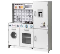 CostwayCuisine de Jeu pour Enfants de 3+ Ans Jouets en Bois Machine à Glaçons Cuisinière Machine à Laver Four Micro-ondes Ustensiles Sons Blanc