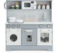 CostwayCuisine de Jeu pour Enfants en Bois avec Accessoires Évier Téléphone Micro-ondes Four Distributeur d'Eau et Cuisinière Gris