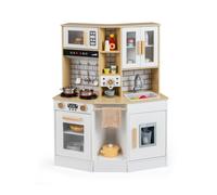 CostwayCuisine de Jeu pour Enfants Jouet Cuisine avec Son Lumière Cuisinière Évier Hotte Machine à Glaçons Machine à Café Micro-ondes Naturel