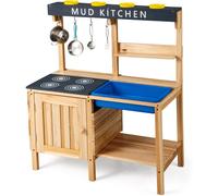 CostwayCuisine d'Extérieur en Bois avec Évier Amovible Accessoires Porte de Four 2 Étagères Porte-gobelets Crochets pour 3-8 Ans Naturel