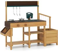 CostwayCuisine d'Extérieur en Bois pour Enfants avec Bac à Plantes Évier Amovible Robinet Plaques de Cuisson Bac à Eau & Étagères pour 3-8 Ans Café