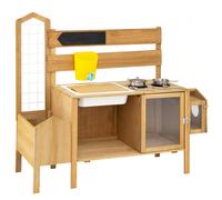 CostwayCuisine en Bois Enfant Jeu Imitation de Cuisine avec Jardinière & Treillage Cage à Oiseaux Amovible Évier pour 3+ Ans Naturel