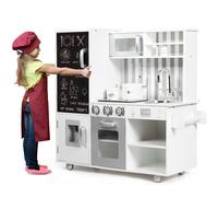 CostwayCuisine en Bois Enfants avec 7 Accessoires & Effet Sonore Cuisiniere Enfants avec Tableau Noir Réfrigérateur & Distributeur d'Eau