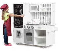 CostwayCuisine en Bois Enfants avec 7 Accessoires & Effet Sonore Cuisiniere Enfants avec Tableau Noir Réfrigérateur & Distributeur d'Eau
