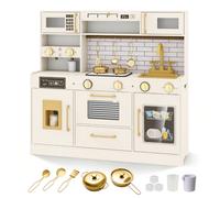CostwayCuisine Enfant 3+ Ans Cuisine Jouet avec Plaques de Cuisson Lumière & Son Robinet Évier Distributeurs de Glace & Eau Micro-Ondes Beige