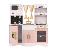 CostwayCuisine Enfant avec Micro-ondes Horloges Cafetière Tableau Météo Cafetière et Machine à Glaçons pour Enfant 3 Ans+ Rose