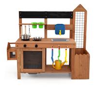 CostwayCuisine Enfant Bois avec Jardinière Treille Cuisine de Boue Extérieure avec Pots de Fleurs Cage à Oiseaux Amovible pour 3+ Ans Naturel