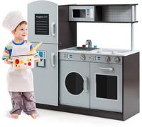 CostwayCuisine Enfant en Bois avec Sons Réel Jouet Cuisinière avec Four Micro-ondes Réfrigérateur etc de 3 à 8 Ans