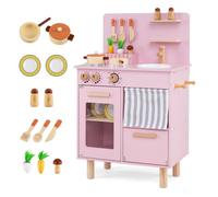 CostwayCuisine Enfant en Bois Jouet avec Évier Robinet Lave-vaisselle Plaques et Boutons à Clic Accessoires Inclus Crochets pour 3 Ans+ Rose
