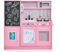 CostwayCuisine Enfants 3 - 6 Ans en Bois avec Téléphone Tableau Noir Micro-ondes Machine de Glaçons 7 Accessoires Rose