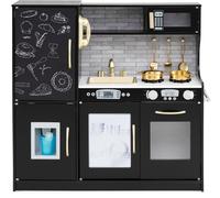CostwayCuisine Enfants 3 - 6 Ans en Bois avec Téléphone Tableau Noir Micro-ondes Machine de Glaçons 7 Accessoires Noir