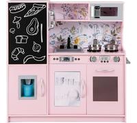 CostwayCuisine Enfants 3 - 6 Ans en Bois avec Téléphone Tableau Noir Micro-ondes Machine de Glaçons 7 Accessoires Rose+Noir
