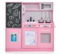 CostwayCuisine Enfants 3 - 6 Ans en Bois avec Téléphone Tableau Noir Micro-ondes Machine de Glaçons 7 Accessoires Rose