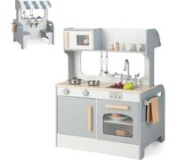 CostwayCuisine Enfants à 2 Face en Bois 71 X 53 X 91 CM 8 Accessoires pour Tout-Petits de 3 Ans+ Gris