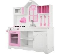 CostwayCuisine Enfants Dinette en Bois avec Evier, Four Micro-ondes Cuisinières 3 Spatules 109 x 32 x 106,5 cm Rose