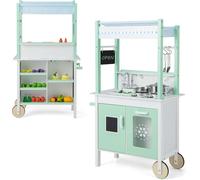 CostwayCuisine Enfants Double Face avec 17 Accessoires & Lumières LED Télécommande & 2 Roues Évier Amovible Épicerie pour 3 Ans+ Vert