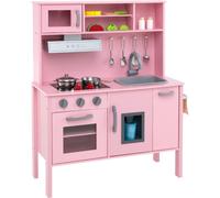 CostwayCuisine Enfants en Bois 3-6 Ans 18 Accessoires avec Évier Micro-ondes Dispositif Anti-basculement Rose