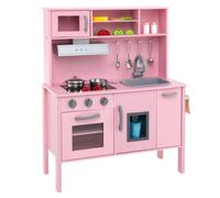 CostwayCuisine Enfants en Bois 3-6 Ans 18 Accessoires avec Évier Micro-ondes Dispositif Anti-basculement Rose