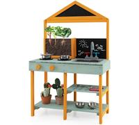 CostwayCuisine Enfants Extérieure 8 Accessoires avec Tableau Noir & Jardinière en Bois de Sapin Robinet Rotatif & Evier Amovible