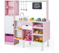 CostwayCuisine et Épicerie pour Enfants 2 en 1 Cuisine de Jeu Double Face avec Lumière et son Réalistes Machine à Glaçons Tableau Noir 82 Accessoires Inclus Rose